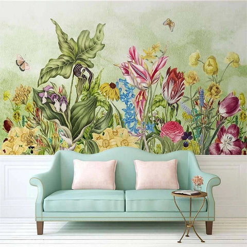 Image of Hand-Painted Flowers and Butterflies Wallpaper Mural, Custom Sizes Available Maughon's