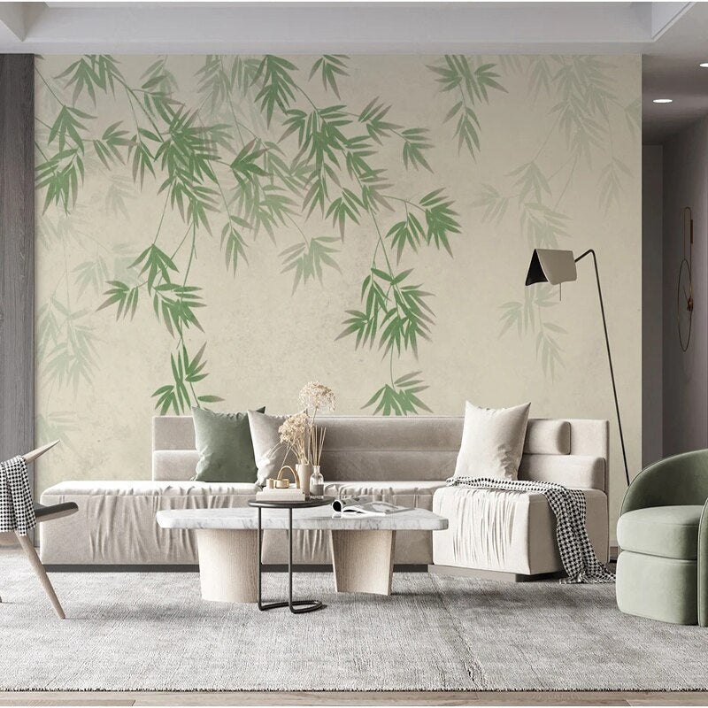 Hand-Painted Green Bamboo Leaves Wallpaper Mural, Custom Sizes Available Wall Murals Maughon's