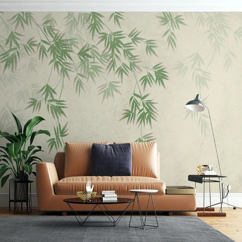 Image of Hand-Painted Green Bamboo Leaves Wallpaper Mural, Custom Sizes Available Wall Murals Maughon's