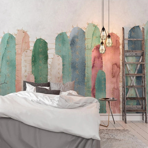 Image of Hand Painted Pastel Cactus Wallpaper Mural, Custom Sizes Available Maughon's