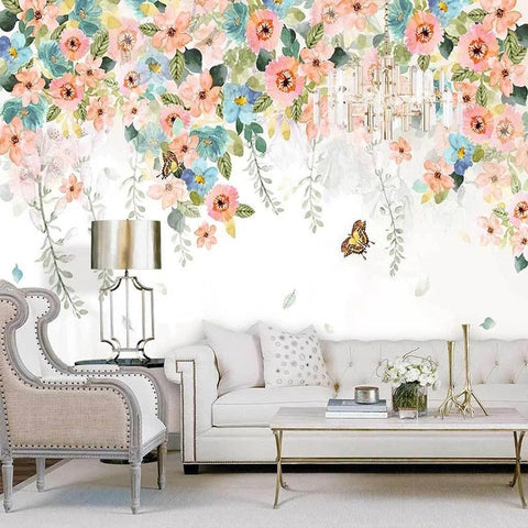 Image of Hand Painted Pastel Floral Swag Wallpaper Mural, Custom Sizes Available Wall Murals Maughon's