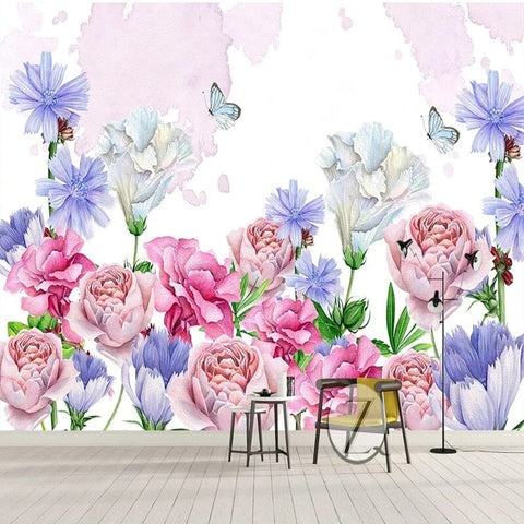 Image of Hand-Painted Pastel Flowers Wallpaper Mural, Custom Sizes Available Wall Murals Maughon's