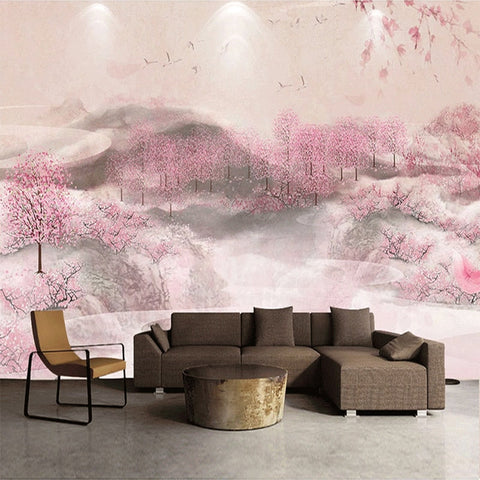Image of Hand Painted Peach Trees in Bloom Wallpaper Mural, Custom Sizes Available Wall Murals Maughon's
