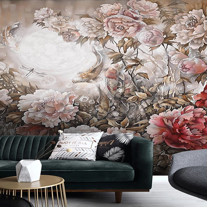 Hand-Painted Peony Garden Wallpaper Mural, Custom Murals Available Wall Murals Maughon's