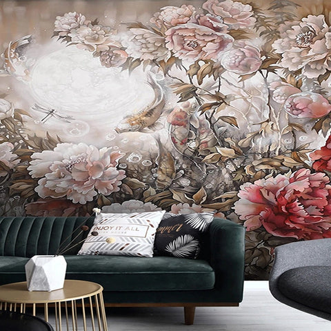 Image of Hand-Painted Peony Garden Wallpaper Mural, Custom Murals Available Wall Murals Maughon's