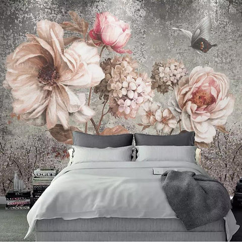 Image of Hand-Painted Pink Flowers Wallpaper Mural, Custom Sizes Available Household-Wallpaper Maughon's