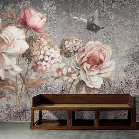 Image of Hand-Painted Pink Flowers Wallpaper Mural, Custom Sizes Available Household-Wallpaper Maughon's
