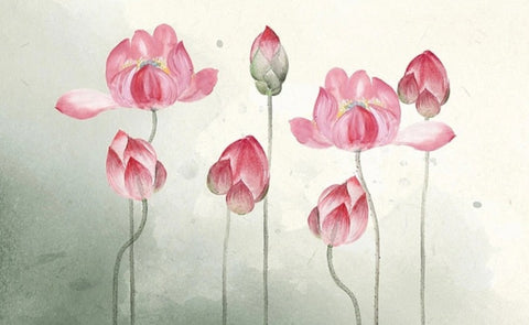 Image of Hand-Painted Pink Lotus Botanical Wallpaper Mural, Custom Sizes Available Wall Murals Maughon's