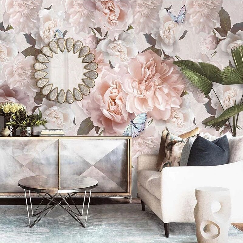 Hand-Painted Pink Roses and Butterflies Wallpaper Mural, Custom Sizes Available Wall Murals Maughon's