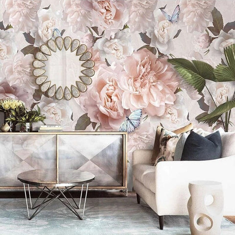 Image of Hand-Painted Pink Roses and Butterflies Wallpaper Mural, Custom Sizes Available Wall Murals Maughon's