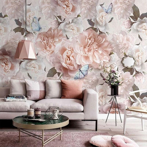 Image of Hand-Painted Pink Roses and Butterflies Wallpaper Mural, Custom Sizes Available Wall Murals Maughon's Waterproof Canvas