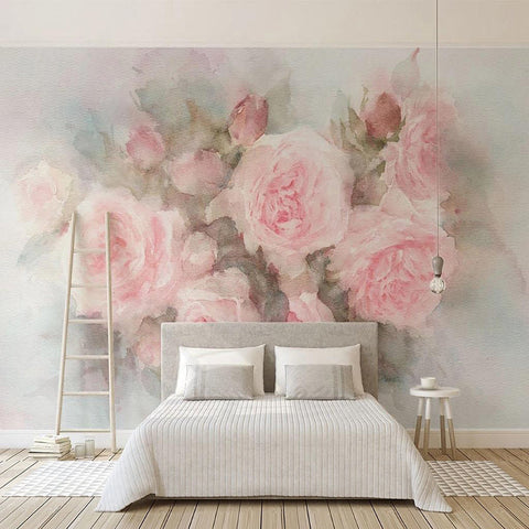 Image of Hand-Painted Pink Roses Wallpaper Mural, Custom Sizes Available Maughon's