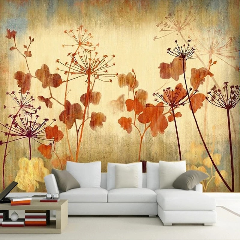 Hand Painted Retro Orange Flowers Wallpaper Mural, Custom Sizes Available Wall Murals Maughon's Waterproof Canvas