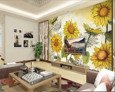 Image of Hand-Painted Sunflowers Wallpaper Mural, Custom Sizes Available Wall Murals Maughon's