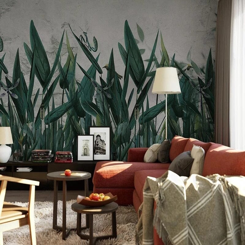 Hand-Painted Tropical Spikey Leaves Wallpaper Mural, Custom Sizes Available Wall Murals Maughon's