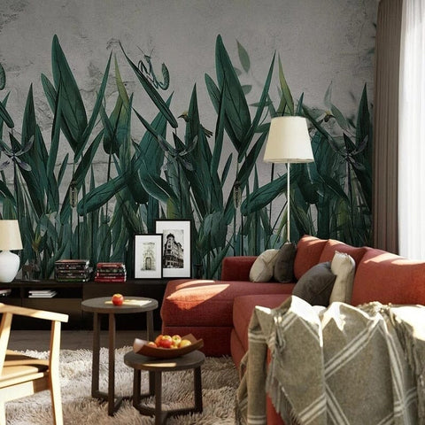 Image of Hand-Painted Tropical Spikey Leaves Wallpaper Mural, Custom Sizes Available Wall Murals Maughon's