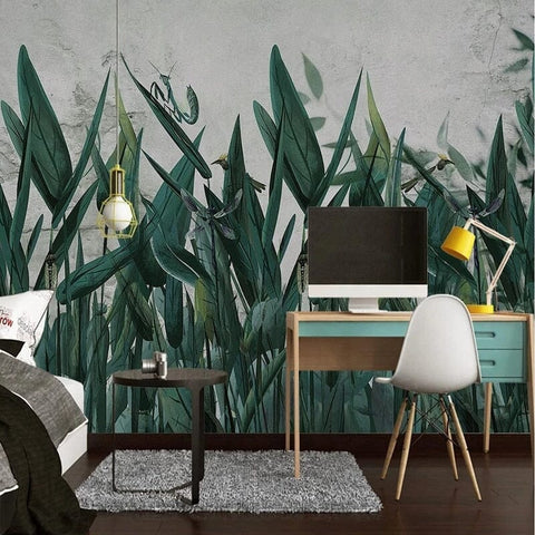 Image of Hand-Painted Tropical Spikey Leaves Wallpaper Mural, Custom Sizes Available Wall Murals Maughon's