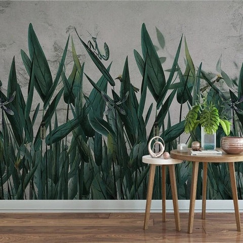 Image of Hand-Painted Tropical Spikey Leaves Wallpaper Mural, Custom Sizes Available Wall Murals Maughon's Waterproof Canvas