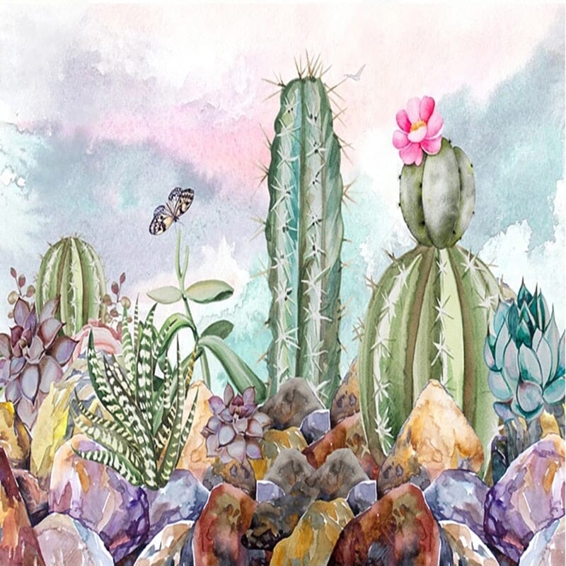 Hand-Painted Watercolor Cactus Wallpaper Mural, Custom Sizes Available Wall Murals Maughon's