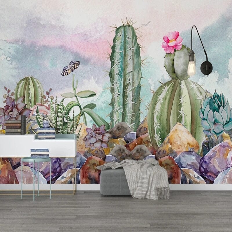 Hand-Painted Watercolor Cactus Wallpaper Mural, Custom Sizes Available Wall Murals Maughon's Waterproof Canvas