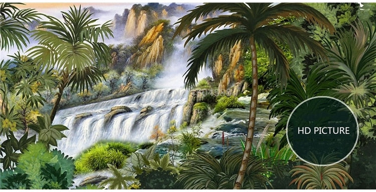 Hand-Painted Waterfall Tropical Rainforest Wallpaper Mural, Custom Sizes Available Wall Murals Maughon's
