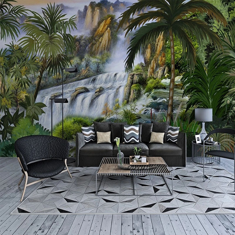 Hand-Painted Waterfall Tropical Rainforest Wallpaper Mural, Custom Sizes Available Wall Murals Maughon's Waterproof Canvas