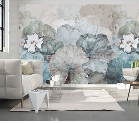 Image of Hand Painted Waterlily Wallpaper Mural, 2 Colors To Choose From, Custom Sizes Available Wall Murals Maughon's MU3660 B