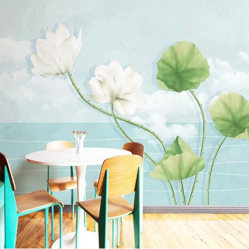 Hand-painted White Waterlilies Wallpaper Mural, Custom Sizes Available Wall Murals Maughon's