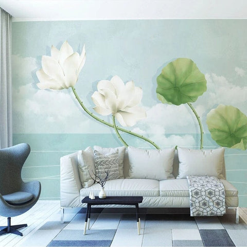 Image of Hand-painted White Waterlilies Wallpaper Mural, Custom Sizes Available Wall Murals Maughon's Waterproof Canvas