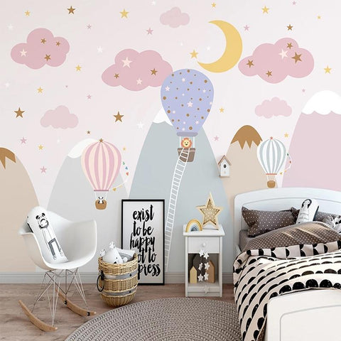Image of Hot Air Balloons with Pink Clouds and Starry Sky Wallpaper Mural, Custom Sizes Available Maughon's
