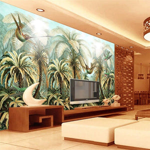 Hand-Painted Retro Hummingbirds and Palms  Wallpaper Mural, Custom Sizes Available