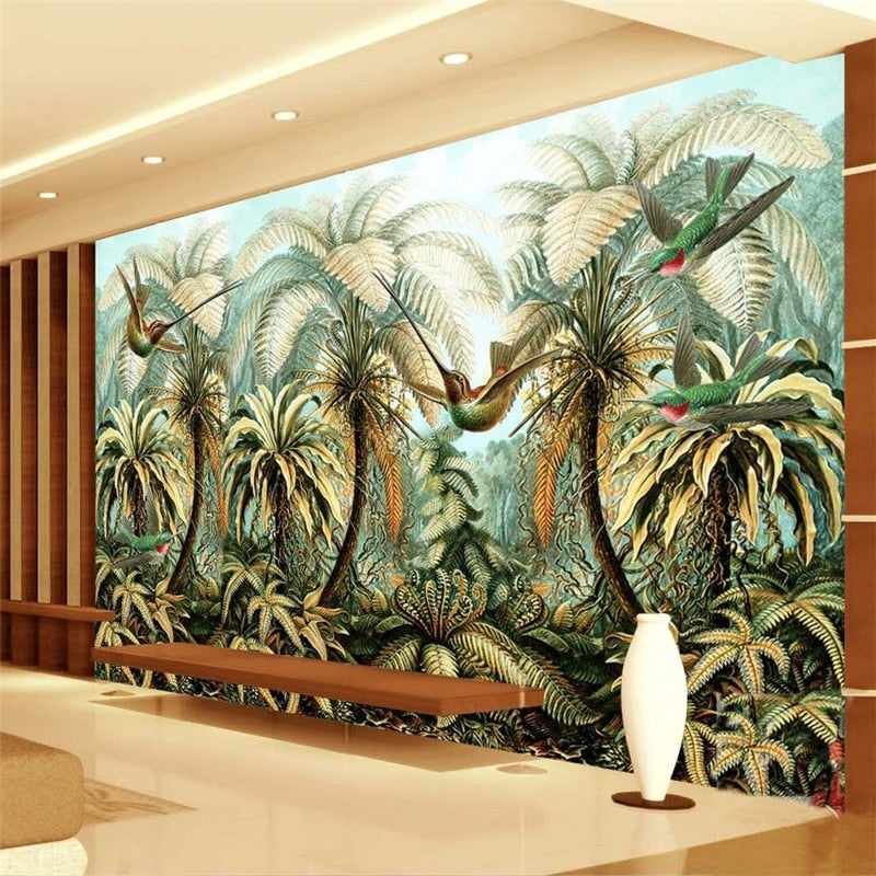 Hummingbirds and Palms Hand Painted Wallpaper Mural, Custom Sizes Available Wall Murals Maughon's Waterproof Canvas