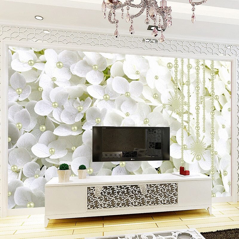 Hydrangea and Pearl Wallpaper Mural, Custom Sizes Available Wall Murals Maughon's