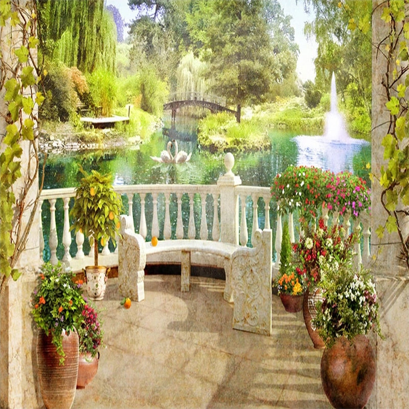 Idyllic Balcony Overlooking Pond and Garden Wallpaper Mural, Custom Sizes Available Wall Murals Maughon's