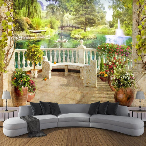 Image of Idyllic Balcony Overlooking Pond and Garden Wallpaper Mural, Custom Sizes Available Wall Murals Maughon's Waterproof Canvas