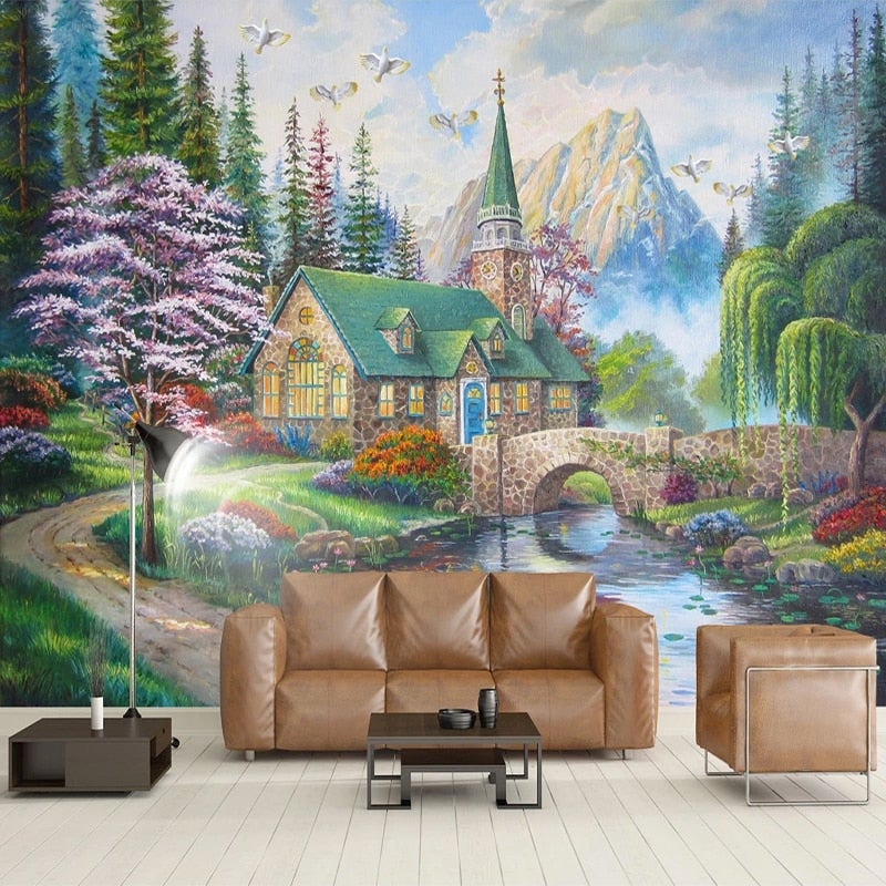 Idyllic Country Church Self Adhesive Wallpaper Mural, Custom Sizes Available Wall Murals Maughon's