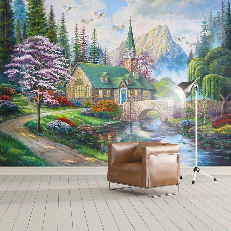 Idyllic Country Church Self Adhesive Wallpaper Mural, Custom Sizes Available Wall Murals Maughon's