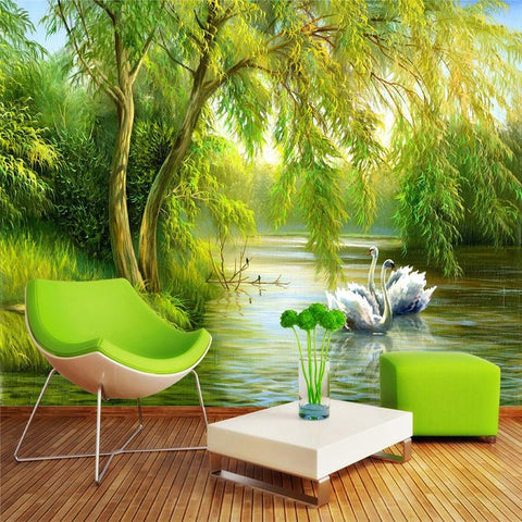 Image of Idyllic Swans On A Lake With Trees Wallpaper Mural, Custom Sizes Available Household-Wallpaper Maughon's