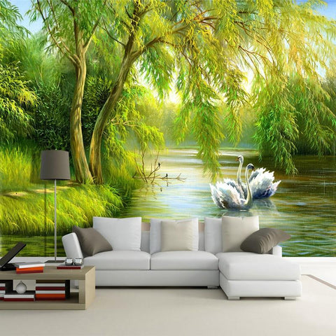 Image of Idyllic Swans On A Lake With Trees Wallpaper Mural, Custom Sizes Available Household-Wallpaper Maughon's