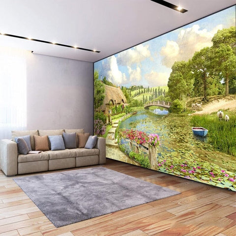 Image of Idyllic Village Near Pond Wallpaper Mural, Custom Sizes Available Wall Murals Maughon's