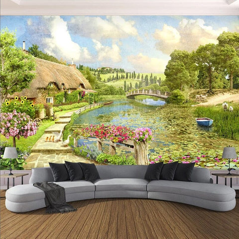 Image of Idyllic Village Near Pond Wallpaper Mural, Custom Sizes Available Wall Murals Maughon's Waterproof Canvas