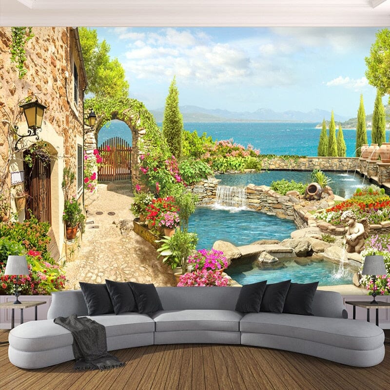 Italian Villa By the Sea Wallpaper Mural, Custom Sizes Available Wall Murals Maughon's Waterproof Canvas