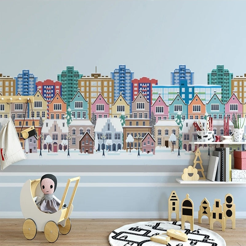 Kid's Cartoon City Buildings Wallpaper Mural, Custom Sizes Available Wall Murals Maughon's