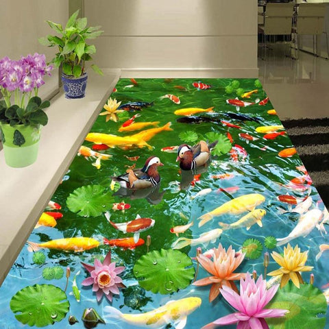 Image of Koi and Lotus Self Adhesive Floor Mural, Custom Sizes Available Maughon's