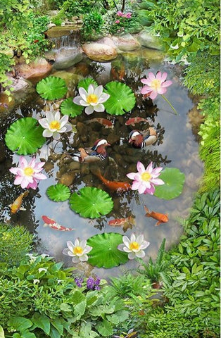 Image of Koi, Lily Pads, and Lotus Self Adhesive Floor Mural, Custom Sizes Available Maughon's