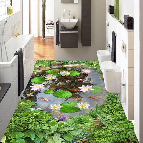 Image of Koi, Lily Pads, and Lotus Self Adhesive Floor Mural, Custom Sizes Available Maughon's