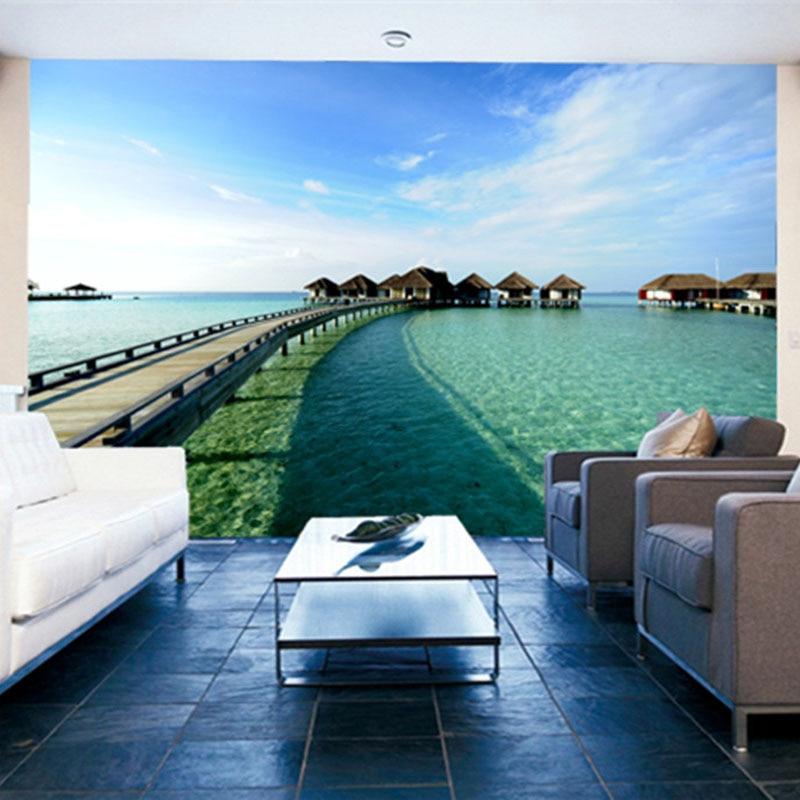 Maldives Boardwalk To Tiki Huts Wallpaper Mural, Custom Sizes Available Household-Wallpaper Maughon's