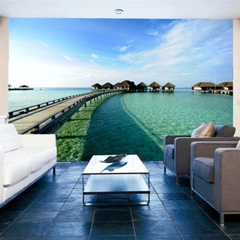 Image of Maldives Boardwalk To Tiki Huts Wallpaper Mural, Custom Sizes Available Household-Wallpaper Maughon's 
