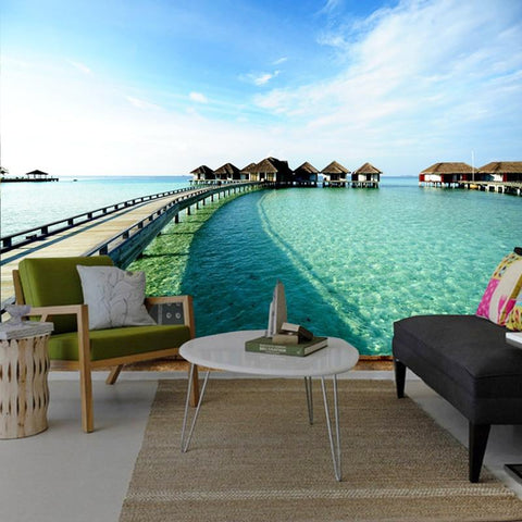 Image of Maldives Boardwalk To Tiki Huts Wallpaper Mural, Custom Sizes Available Household-Wallpaper Maughon's