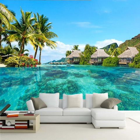Image of Maldives Sea View With Huts Wallpaper Mural, Custom Sizes Available Household-Wallpaper Maughon's 